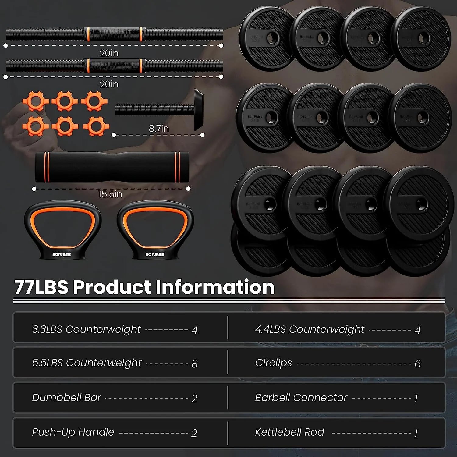 Adjustable Dumbbell Set, 55/77 Lbs Free Weights Dumbbells, Barbell, Kettlebell and Push-Up, Home Gym Fitness Workout Equipment